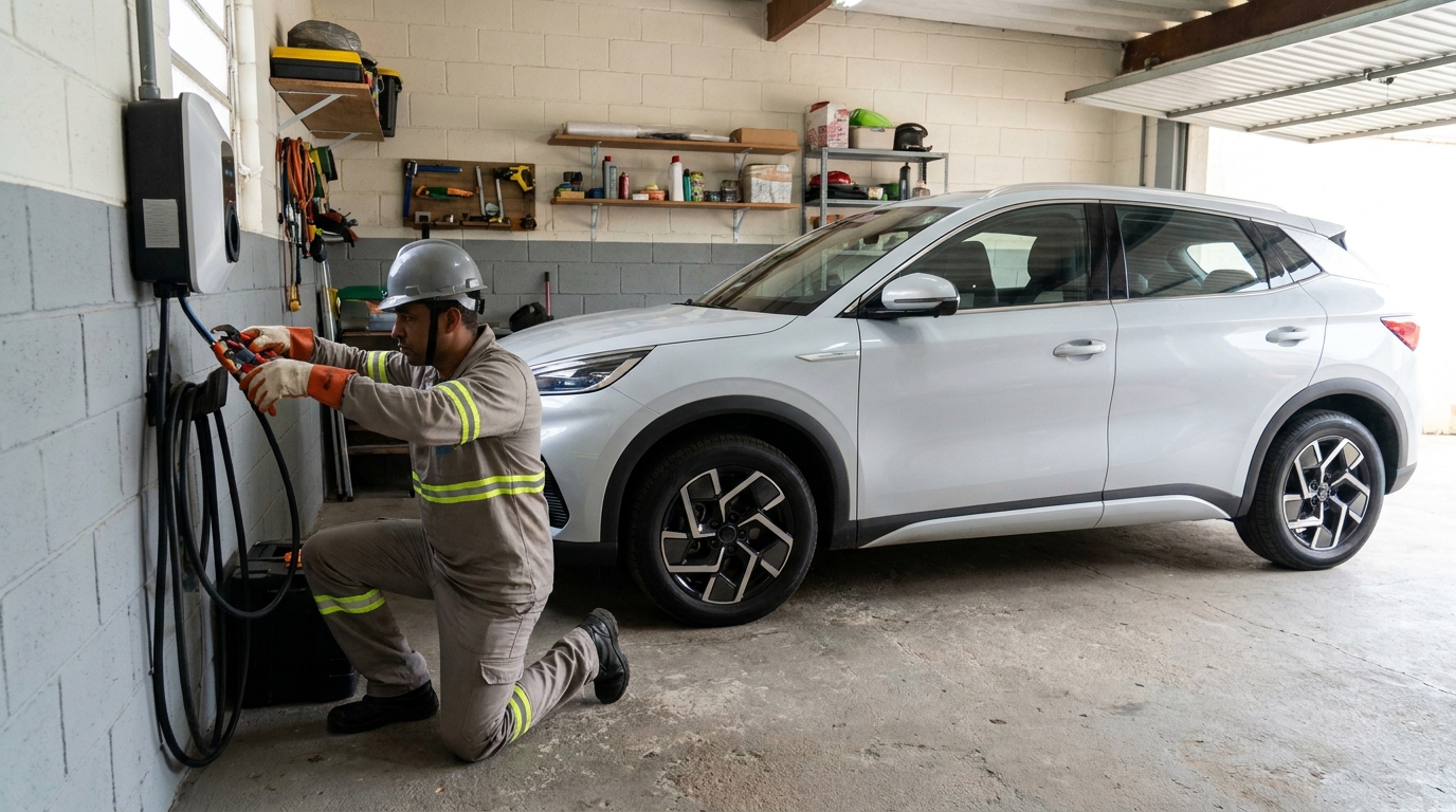 Eletricista instalando carregador de carro eletrico em Divinópolis‑MG