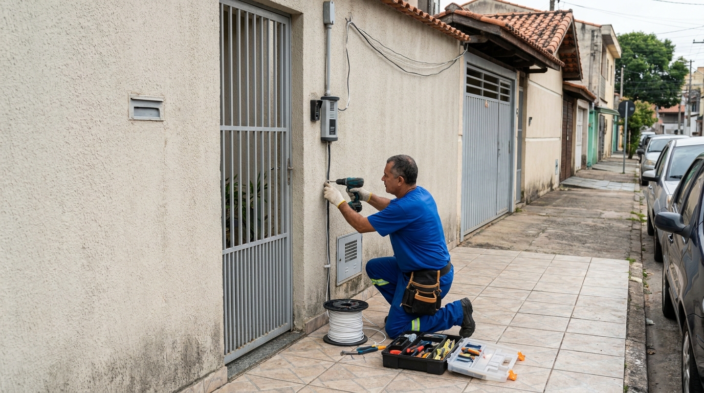 Eletricista instalando interfone em Divinópolis‑MG